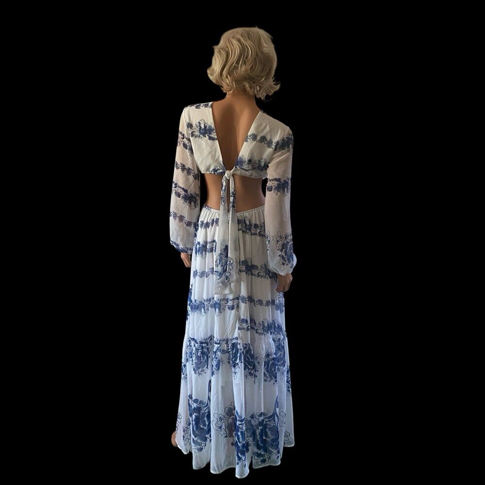 Giffniseti Floral Dress Boho Travel Cut Out Bishop Sleeve Ruffle Flounce Hem XL - Picture 4 of 15